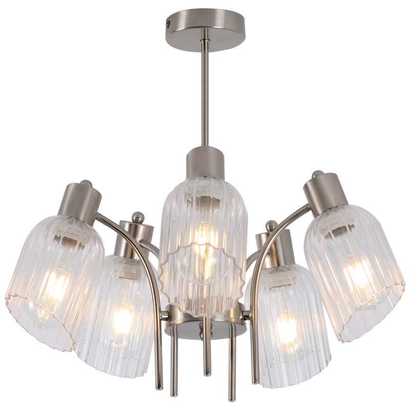 Chandelier with clear glass shades and metallic finish on a white background