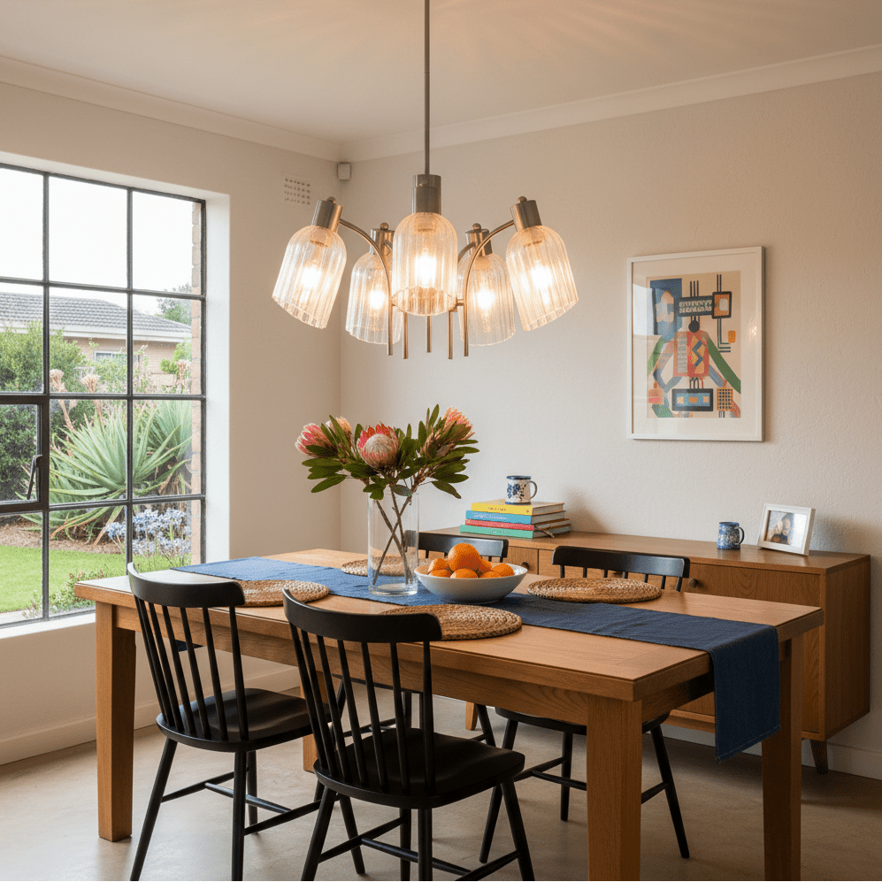 Dining room with a fluted glass chandelier above a wooden table set for four.