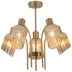 Gold chandelier with glass shades on a white background