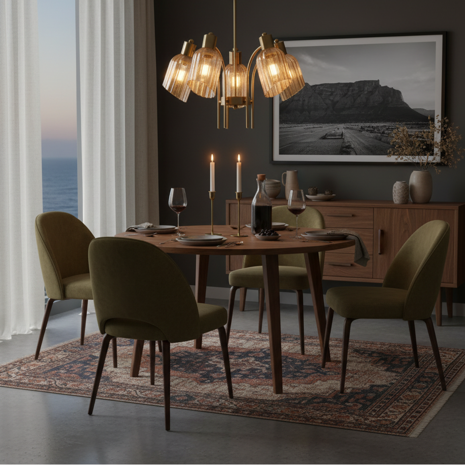 Dining room with wooden table, chairs, and a chandelier in a room with large windows and a mountain view.