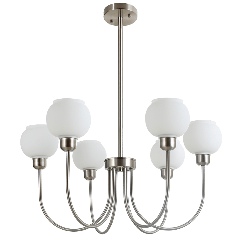 Satin Chrome 6-Light Chandelier with White Glass