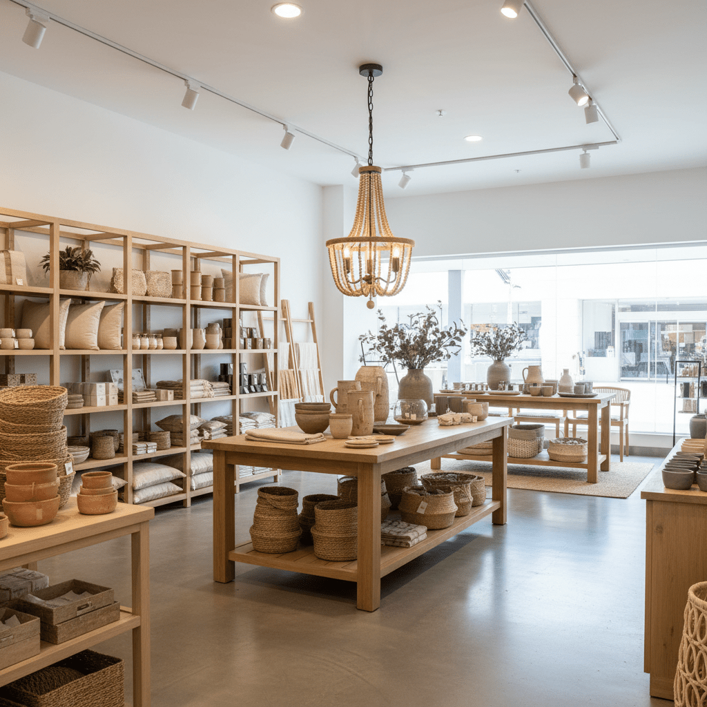 Wooden bead chandelier hanging in a bright retail store with wooden tables and shelves of home goods.