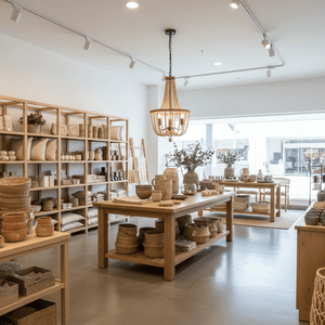 Wooden bead chandelier hanging in a bright retail store with wooden tables and shelves of home goods.