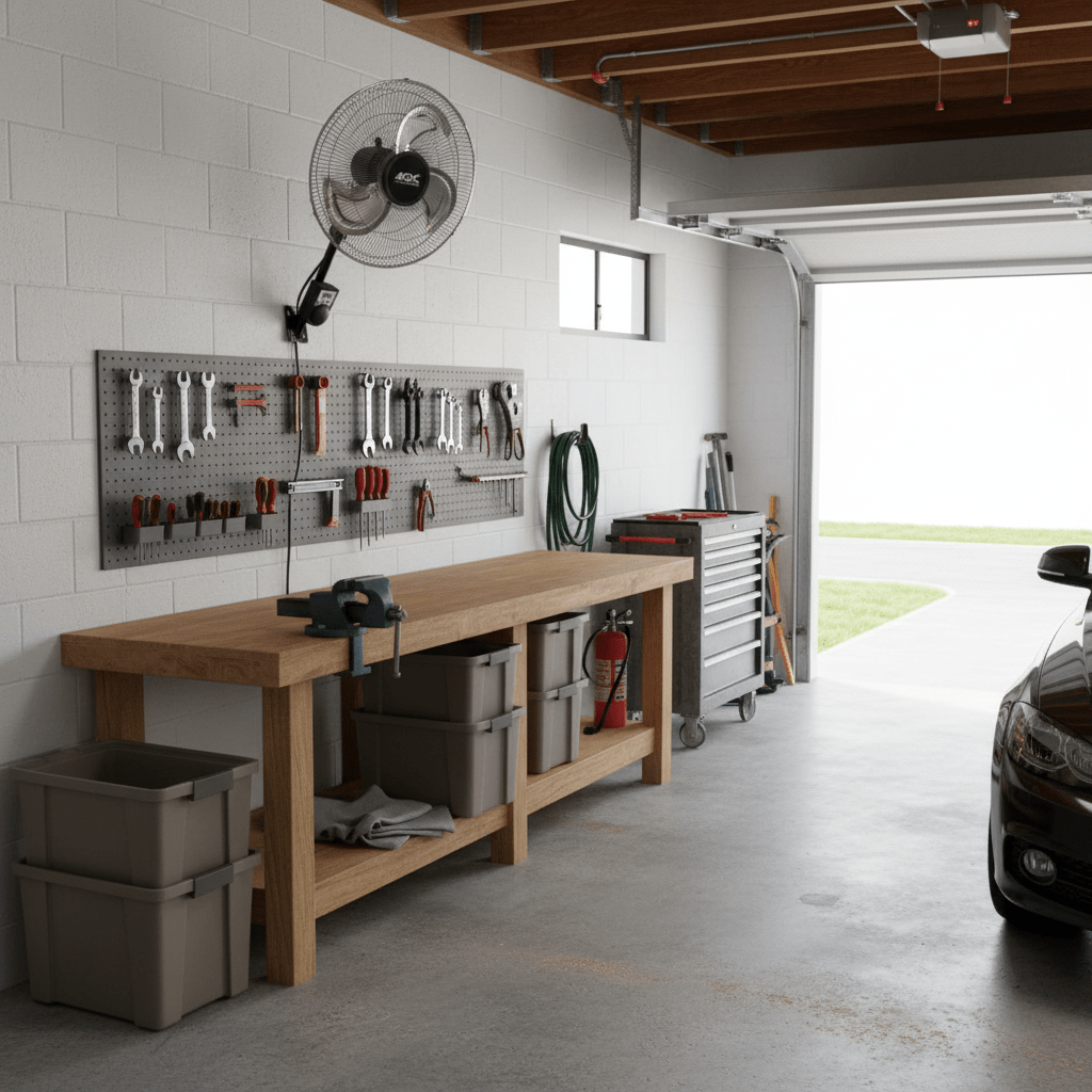 Wall-mounted industrial fan installed in a garage above a workbench with tools and storage bins.