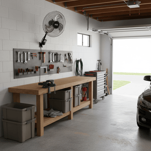 Wall-mounted industrial fan installed in a garage above a workbench with tools and storage bins.