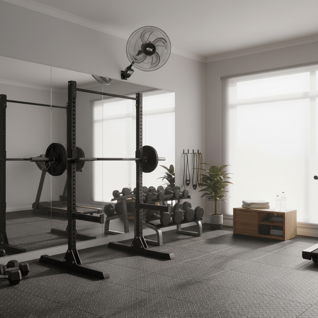 Wall-mounted industrial fan installed in a home gym, providing airflow above workout equipment and weights.