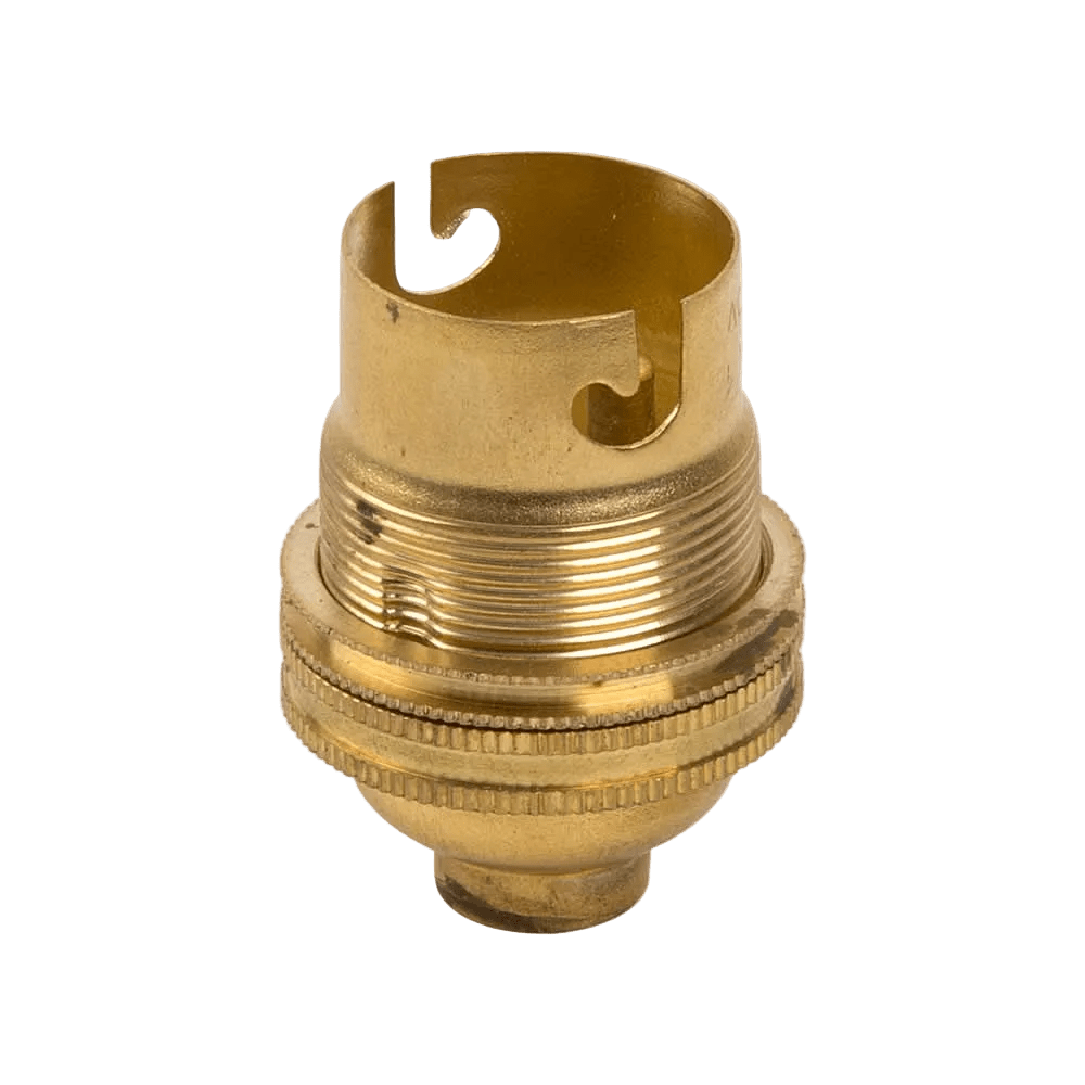 Solid brass B22 lampholder with 10mm back entry, threaded base and bayonet cap opening