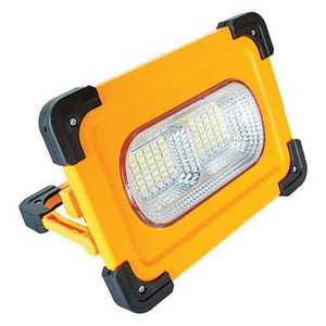 Yellow floodlight with black accents on a white background