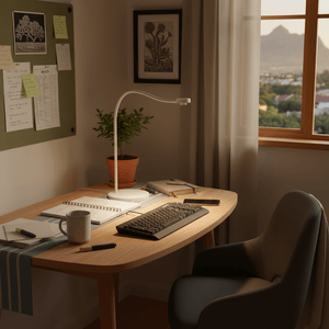 A modern desk lamp on a wooden desk with a plant, notebook, and keyboard, creating a cozy workspace.
