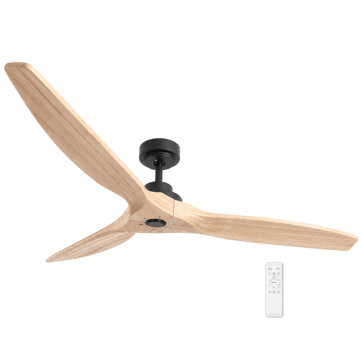 Three-blade natural wood ceiling fan with remote on a white background