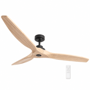 Three-blade natural wood ceiling fan with remote on a white background