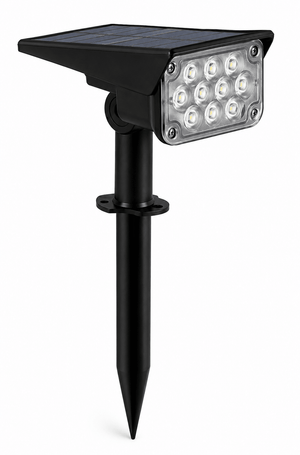 Solar garden spotlight with adjustable color temperature, mounted on a spike for outdoor use.