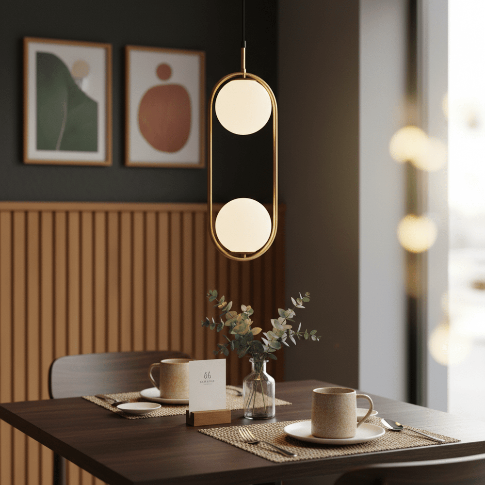 Luna Double G9 Pendant Light in gold hanging above a dining table with decorative elements.
