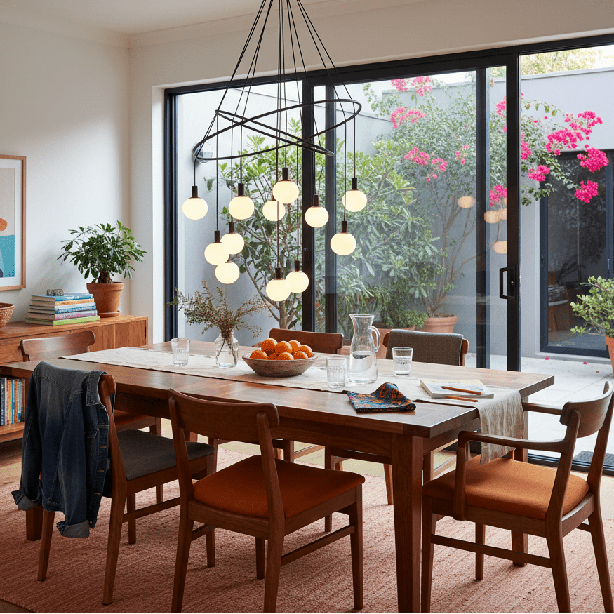 Cosmo 12 Light Chandelier hangs above a wooden dining table, surrounded by chairs and greenery.