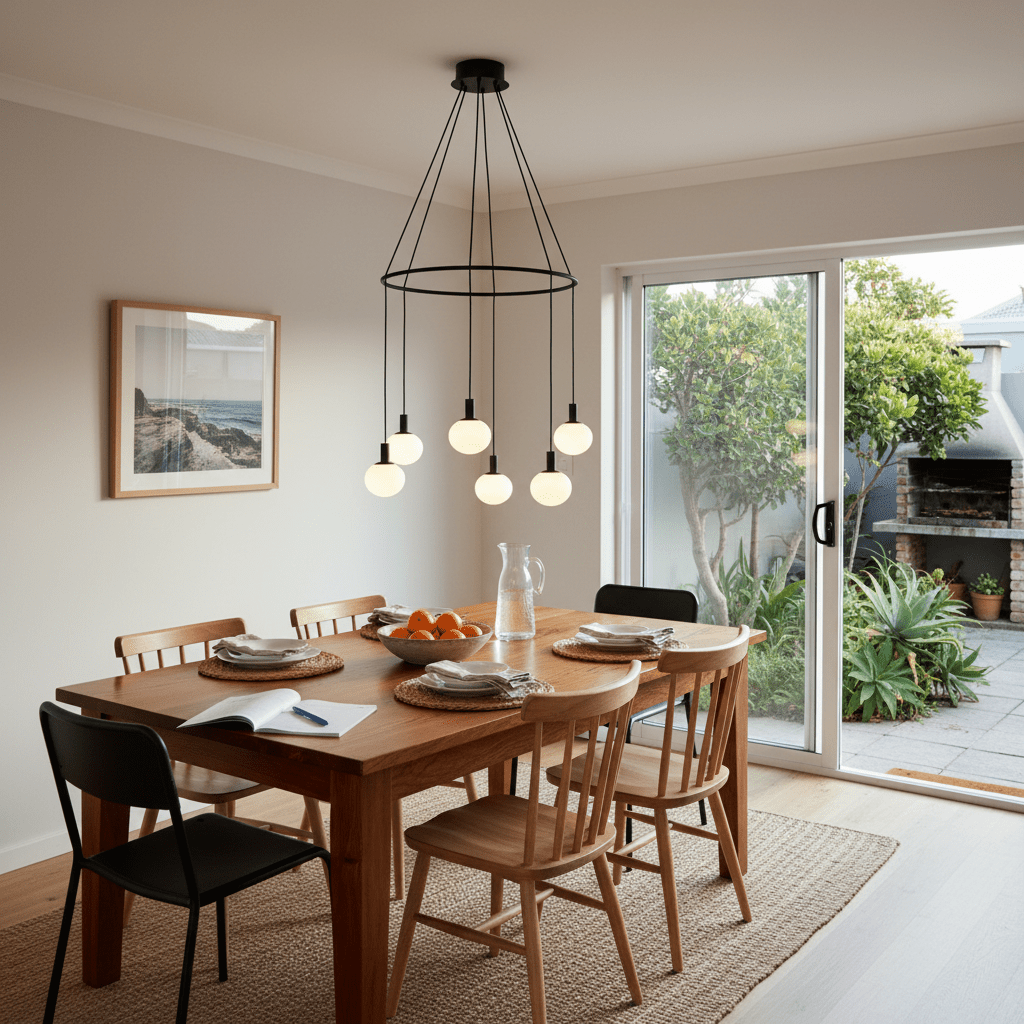 Modern 6-light chandelier with opal glass orbs hanging above a wooden dining table set for a meal.