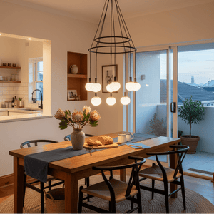 Contemporary chandelier with opal glass shades hanging over a wooden dining table, creating a warm ambiance.