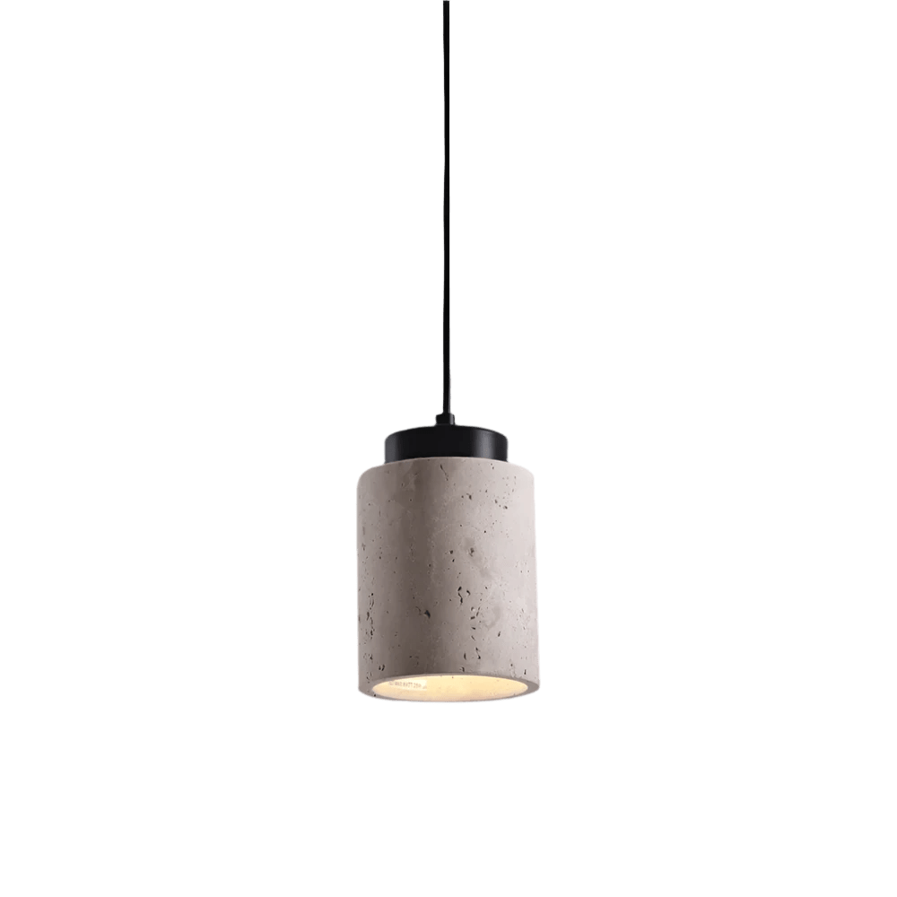 Concrete pendant light with black fixture on a gray background