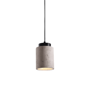 Concrete pendant light with black fixture on a gray background