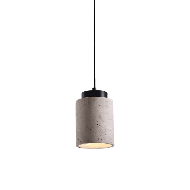 Concrete pendant light with black fixture on a gray background