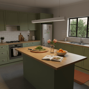 Modern kitchen featuring a suspended linear light pendant above a wooden island with fresh herbs and fruits.