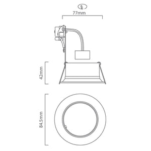 Technical line drawing showing side and front views of the white aluminium fixed GU10 downlight with 77mm cut-out.