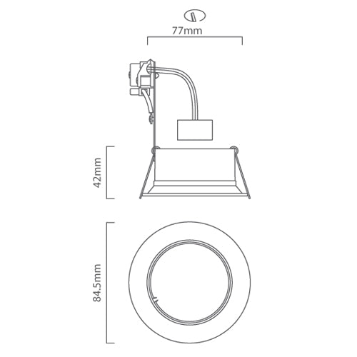 Technical line drawing showing side and front views of the white aluminium fixed GU10 downlight with 77mm cut-out.