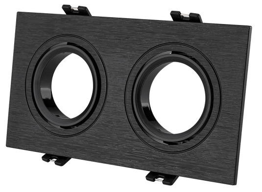 Black recessed downlight holder for two or three GU10 or MR16 lamps, featuring a sleek design.