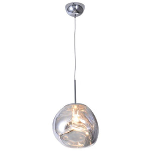 Contemporary copper pendant light with a unique molten design, suspended from a ceiling mount.