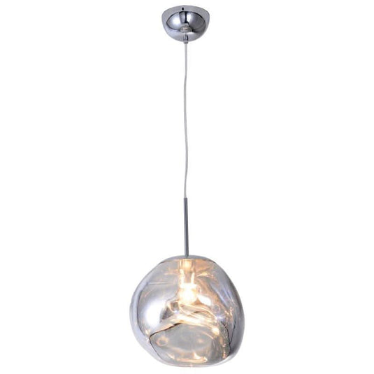 Contemporary copper pendant light with a unique molten design, suspended from a ceiling mount.