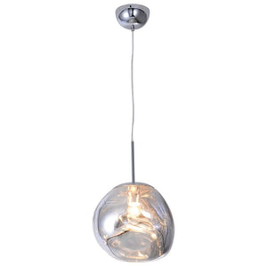Sculpted molten copper pendant light hanging from a chrome ceiling mount, showcasing a modern design.