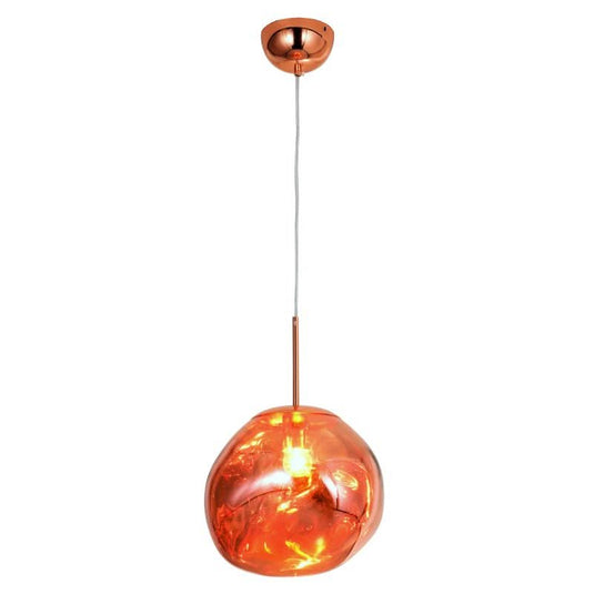 A Small Molten Pendant Light with a metallic copper finish and a spherical shade, suspended by an adjustable cord.