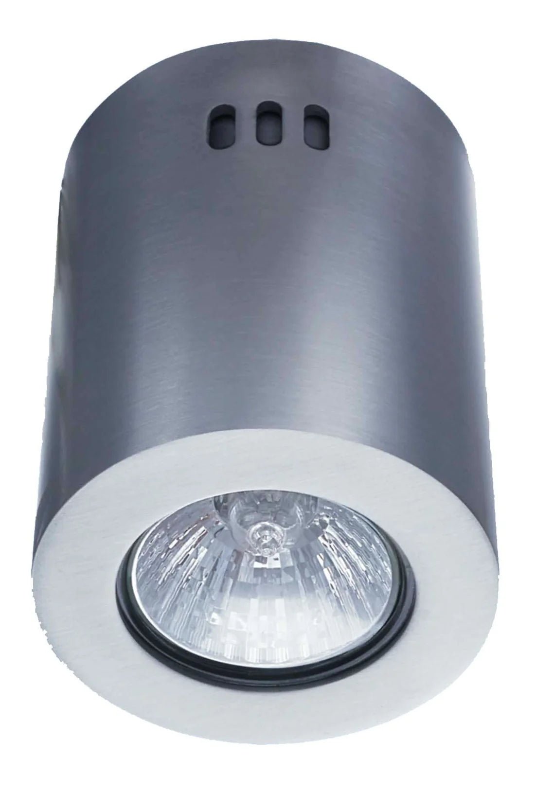 Satin chrome LED GU10 surface mounted downlight holder with a clear lens.