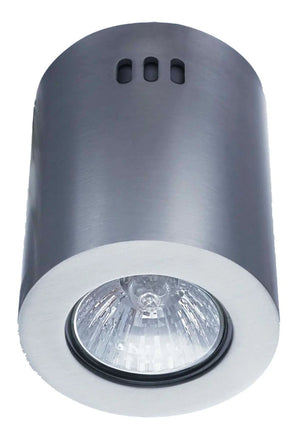 Satin chrome LED GU10 surface mounted downlight holder with a clear lens.