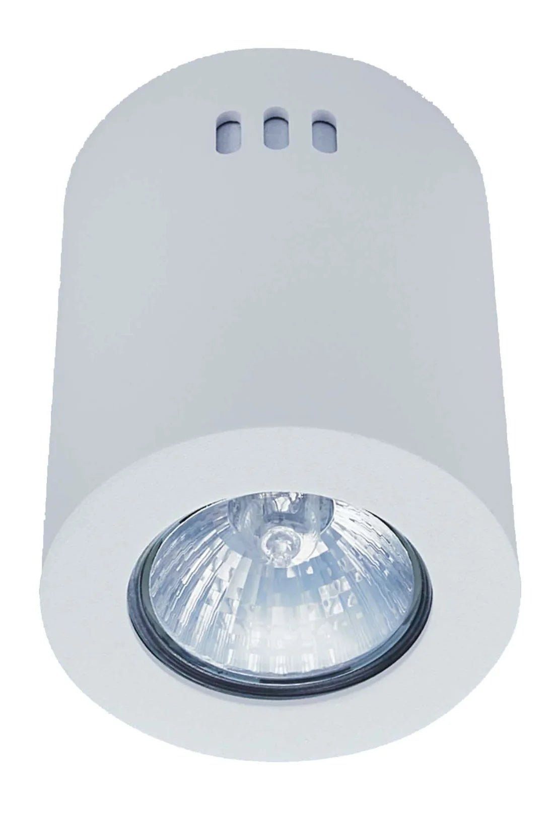 Round white LED GU10 surface-mounted downlight holder with a clear lens.