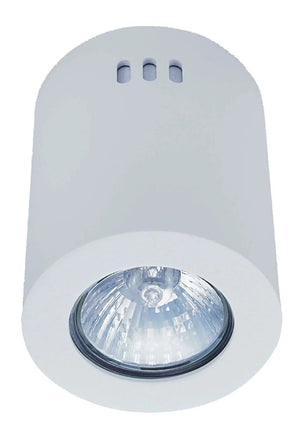 Round white LED GU10 surface-mounted downlight holder with a clear lens.
