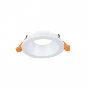 Round recessed downlight holder with orange mounting clips on a white background