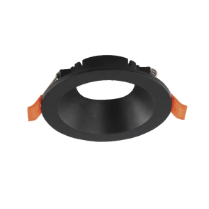 Black recessed downlight holder with orange accents on a white background