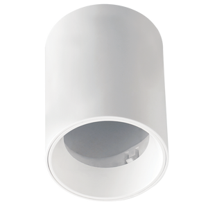White LED surface mount down light with a sleek cylindrical design, showcasing a GU10 bulb fitting.