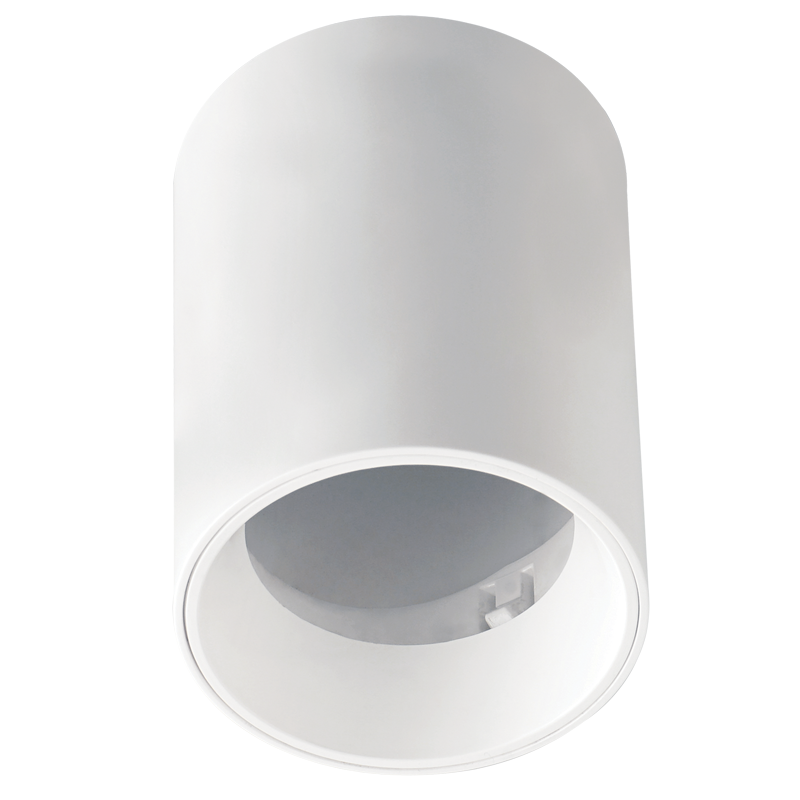 White LED surface mount down light with a sleek cylindrical design, showcasing a GU10 bulb fitting.