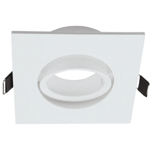 White square LED downlight with antiglare feature and recessed design, showcasing a polycarbonate build.