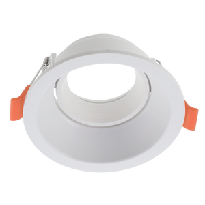 Top view of a low glare round tilt downlight holder with orange clips, showcasing its clean design.