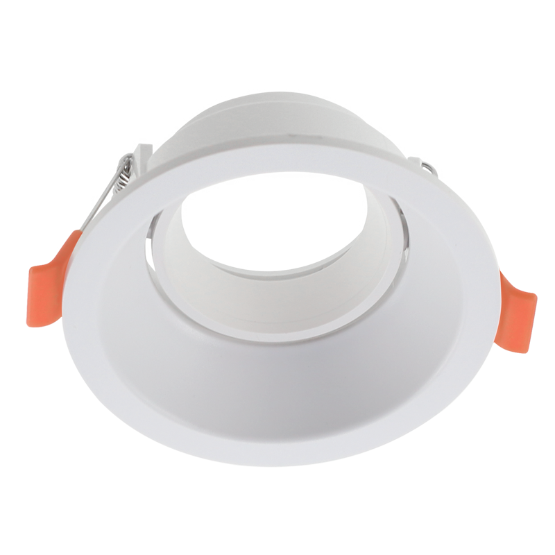 Top view of a low glare round tilt downlight holder with orange clips, showcasing its clean design.