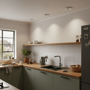 Modern kitchen with wooden countertops, green cabinets, and a window.