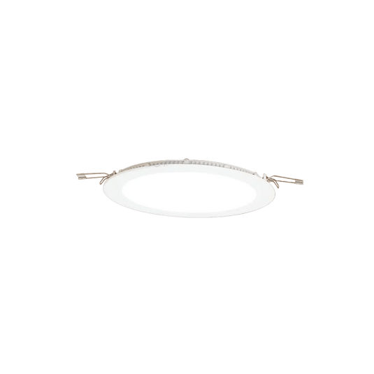 White circular LED downlight with a smooth finish and two metal clips for installation.