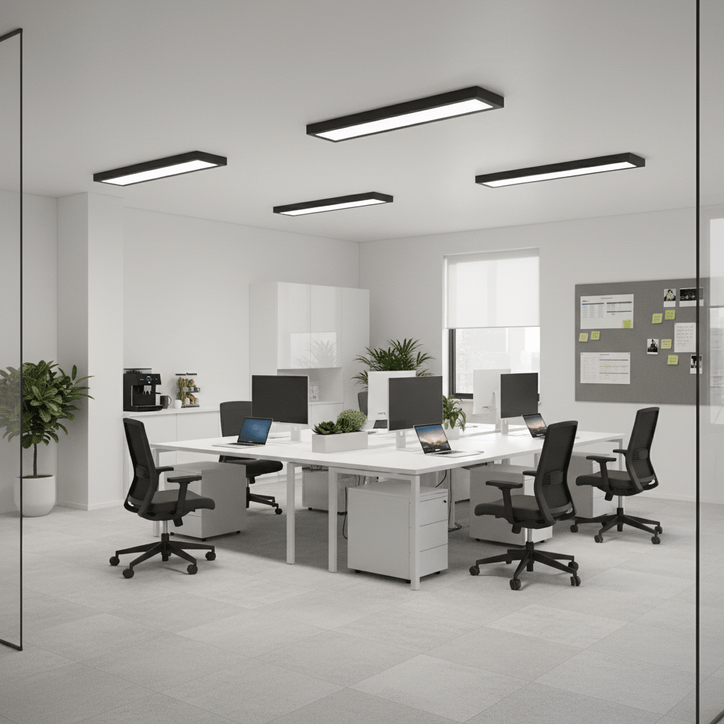 Modern office space featuring multiple black linear LED panel lights on the ceiling, illuminating workstations.