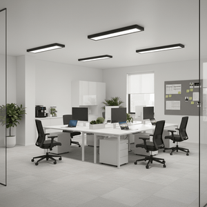 Modern office space featuring multiple black linear LED panel lights on the ceiling, illuminating workstations.