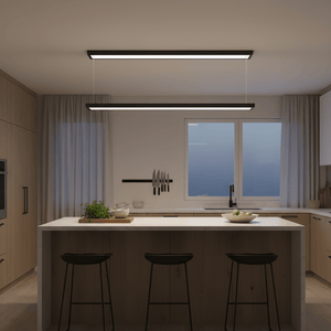 Sleek black linear LED panel light illuminating a modern kitchen island with bar stools.