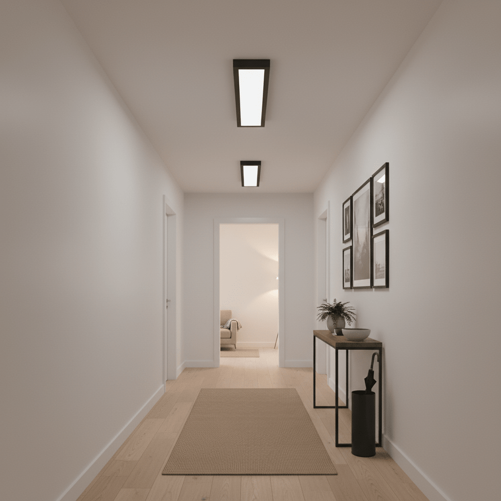 A modern hallway featuring three black surface-mounted LED panel lights, illuminating the space evenly.