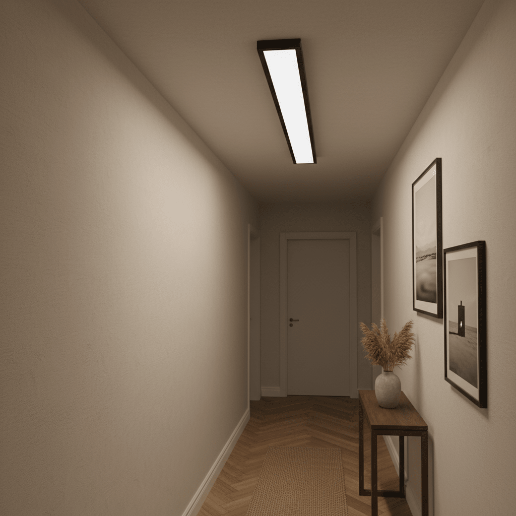 Linear CCT LED panel light mounted in a hallway, illuminating the space with a modern design.