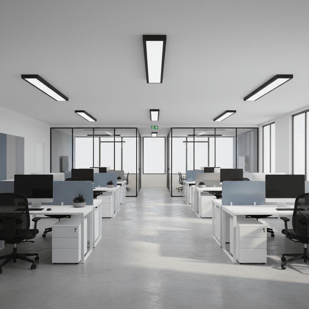 Modern office space featuring multiple desks with computers, illuminated by sleek black linear LED panel lights.